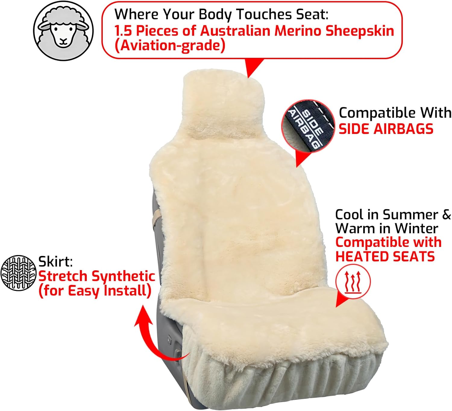 Aegis Cover Premium Sheepskin Car Seat Cover Front Wrap Australian Merino Wool, Universal Fit for RV SUV Truck Sedan Most Vehicles (Cream)