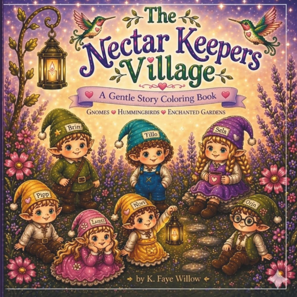 The Nectar Keepers Village: A Gentle Story Coloring Book with Whimsical Gnomes, Hummingbirds, and Cozy Garden Scenes for Relaxation and Creative Calm