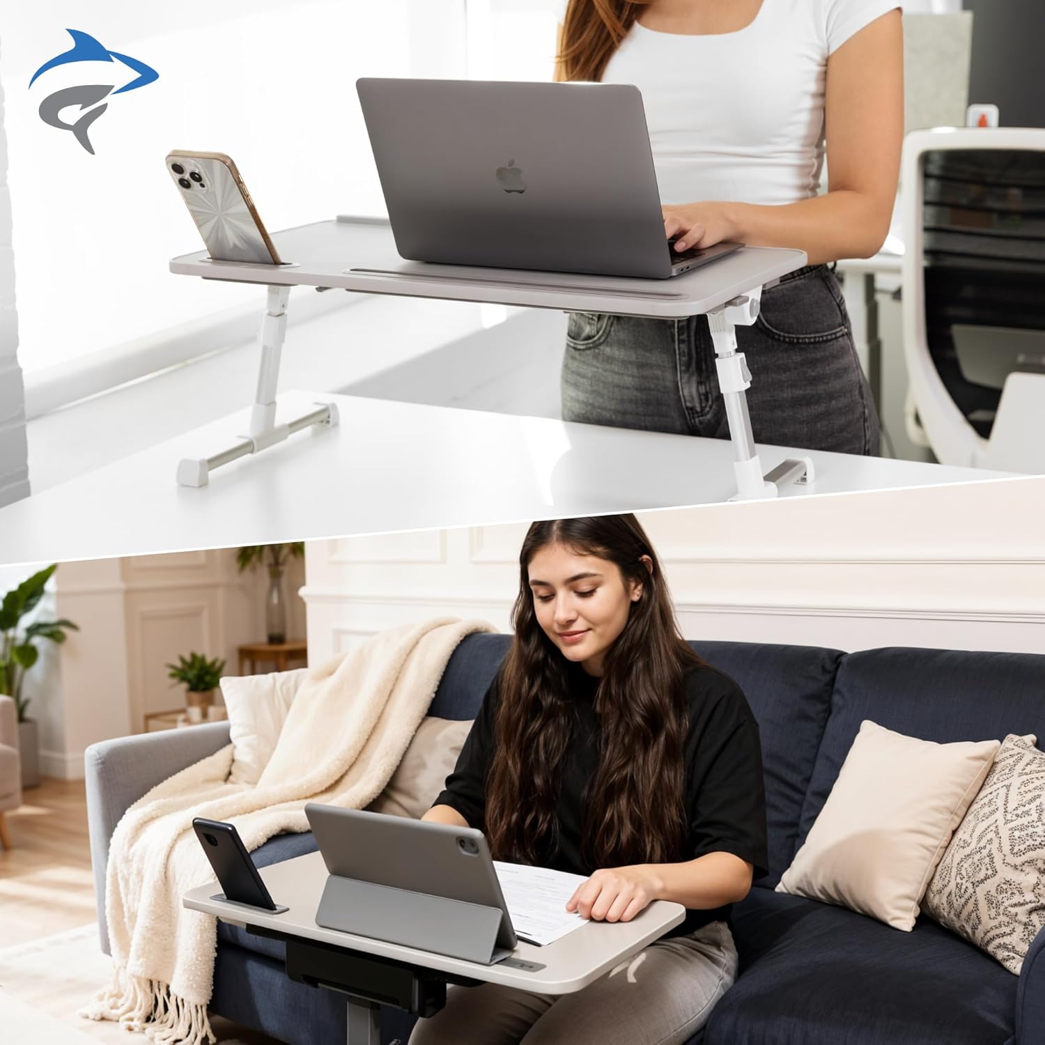 GoShark Lite 2-in-1 Laptop Bed Desk & TV Tray Table for Couch - Portable Foldable Stand with Adjustable Height & Angle for Work, Dining, Study - Detachable with Secondary Surface & Device Slots