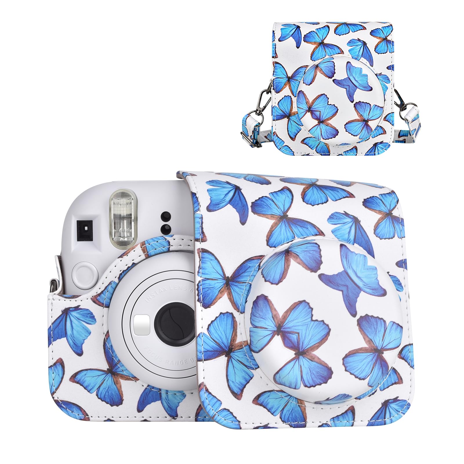 HIYQIN Camera Case for Fujifilm Instax Mini 12, Lovely Butterfly Protective Case for Polaroid Instax Mini 12, Mini Camera Bag with Shoulder Strap -