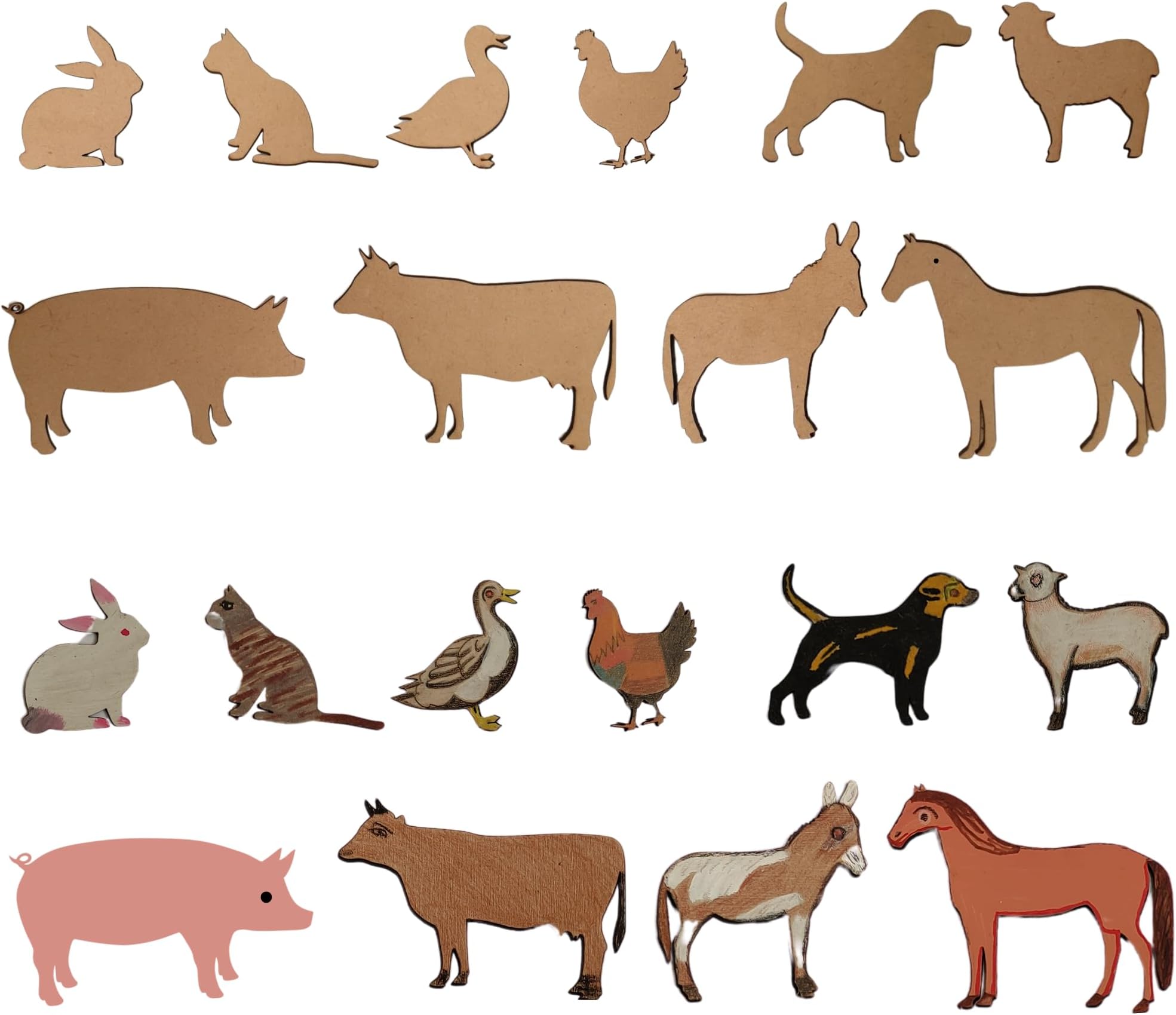 Bonjoy Farm Animal Wooden Cutouts for Kids โ Set of 10 MDF Shapes (2.5", 3", 4") for Coloring, Painting, Crafts & Learning - DIY Art Kit for Toddlers, Preschool & Montessori Activities