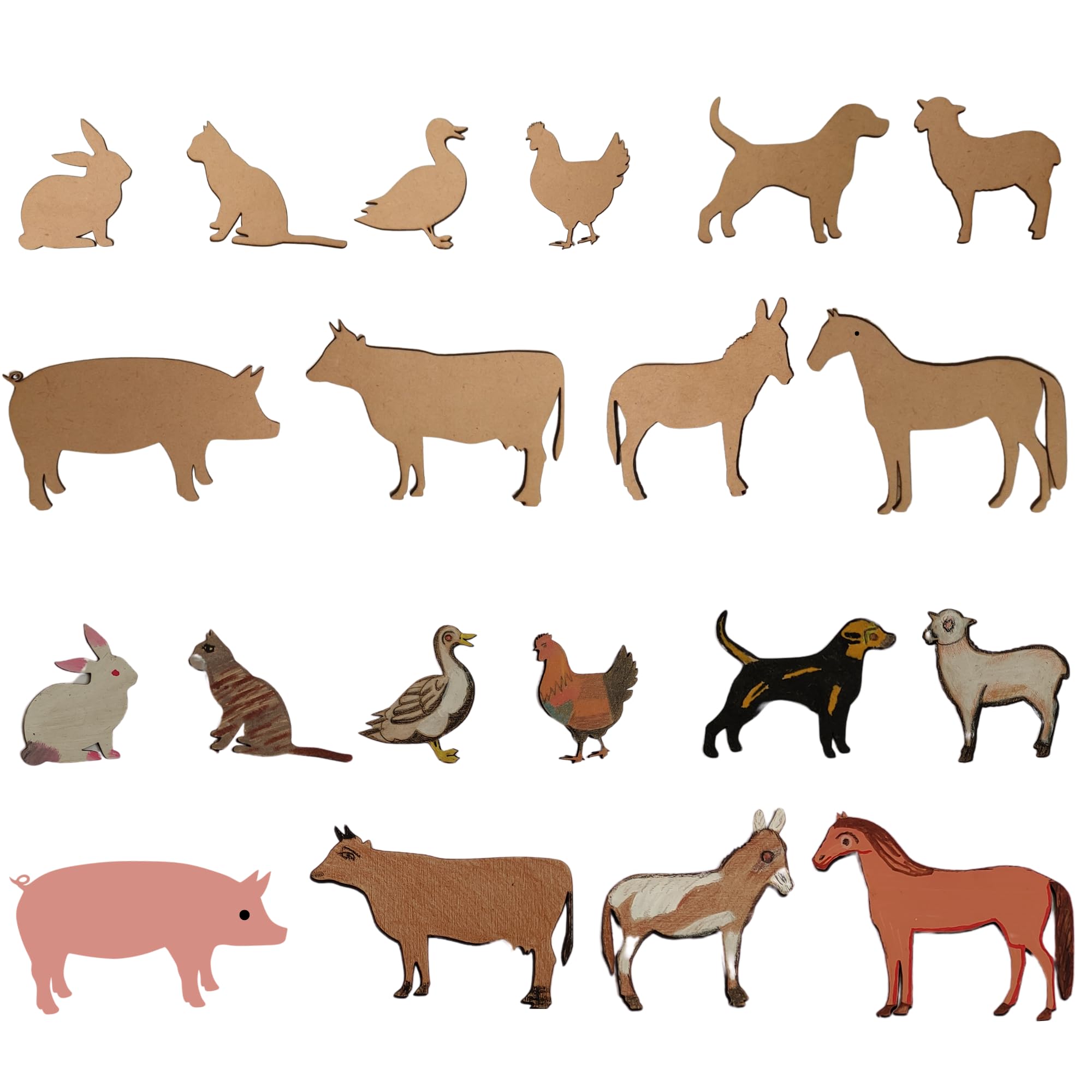Bonjoy Farm Animal Wooden Cutouts for Kids – Set of 10 MDF Shapes (2.5", 3", 4") for Coloring, Painting, Crafts & Learning - DIY Art Kit for Toddlers, Preschool & Montessori Activities