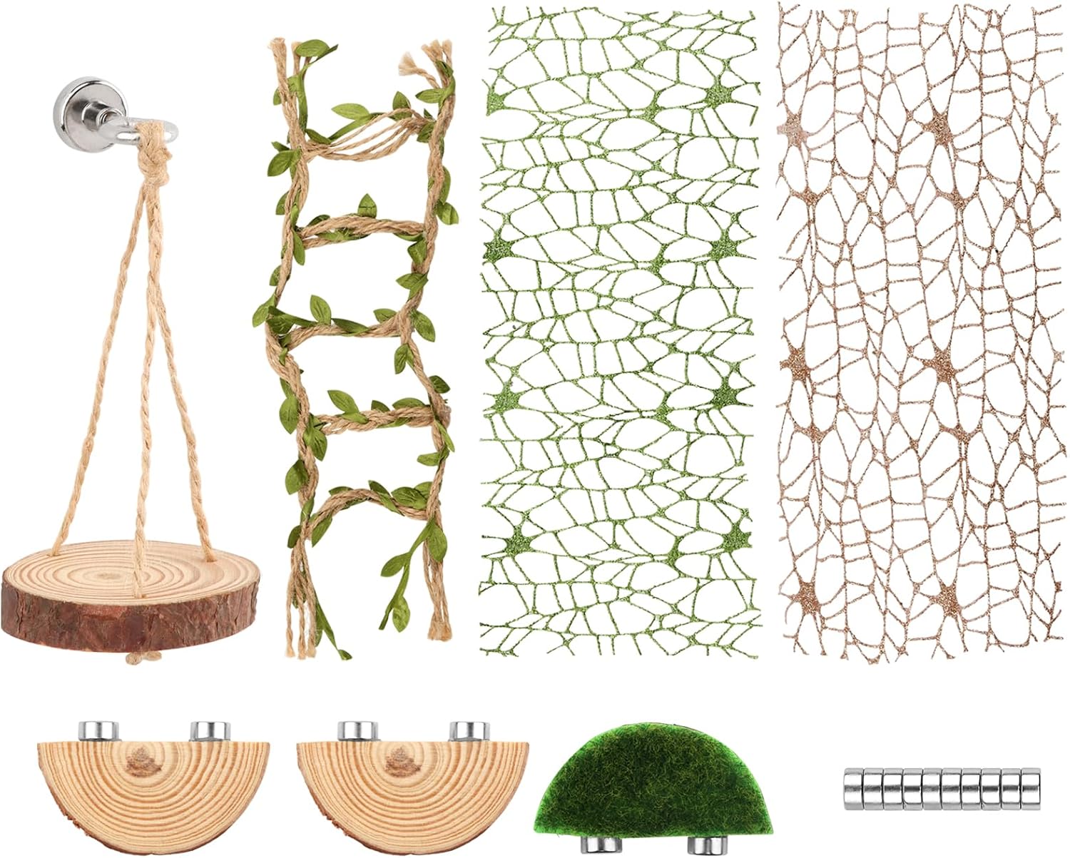 Jumping Spider Habitat Decor Set, 7-Piece Enclosure Climbing Kit | Includes 2 glitter webs, 3 wood platforms, 1 swing, and 1 rope bridge for climbing, resting, and styling enclosures