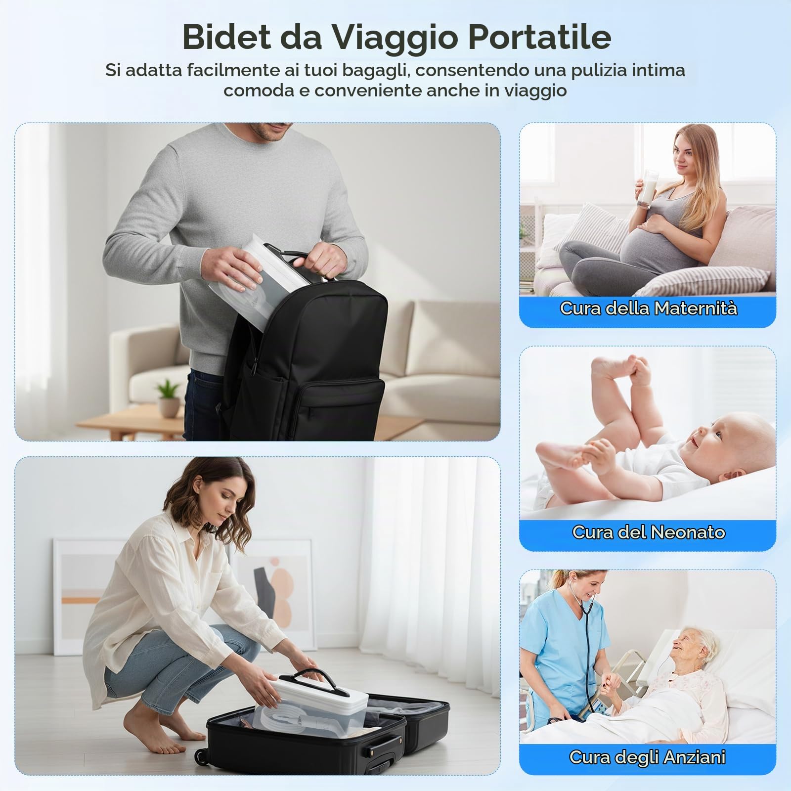 Bidet Elettrico da Viaggio 2.3L, Bidet Elettrico Mobile e Portatile con Tubo da 1.2M, Portatile per Toilette, Campeggio, Uso all'Aperto, Doccia Musulmana, Flacone Perineo a 2 Modalità, Bianco