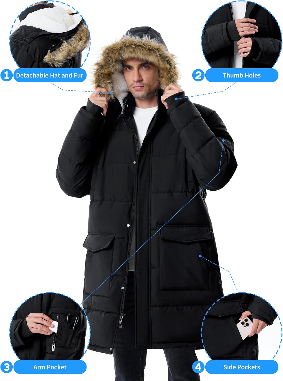 Winter Coats For Men Winter Jackets Water Resistant Warm Thicken Puffy Hooded Insulated Thicken Parka Coat - Image 5