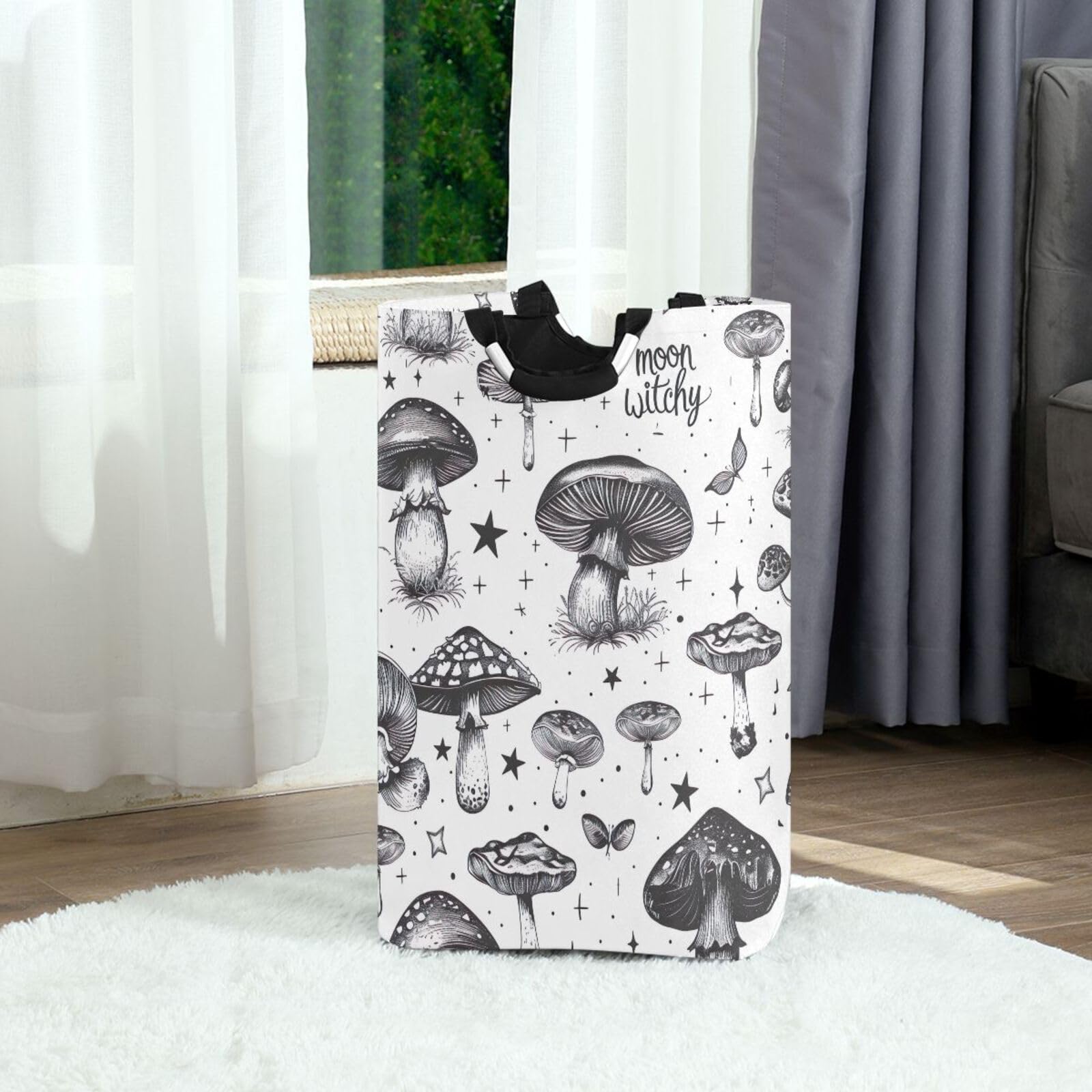 Jihqo Laundry Hamper Basket Mushrooms and Stars Collapsible Nursery Storage Bin Waterproof Clothing Baskets for Home Bedroom Bathroom Washing Room