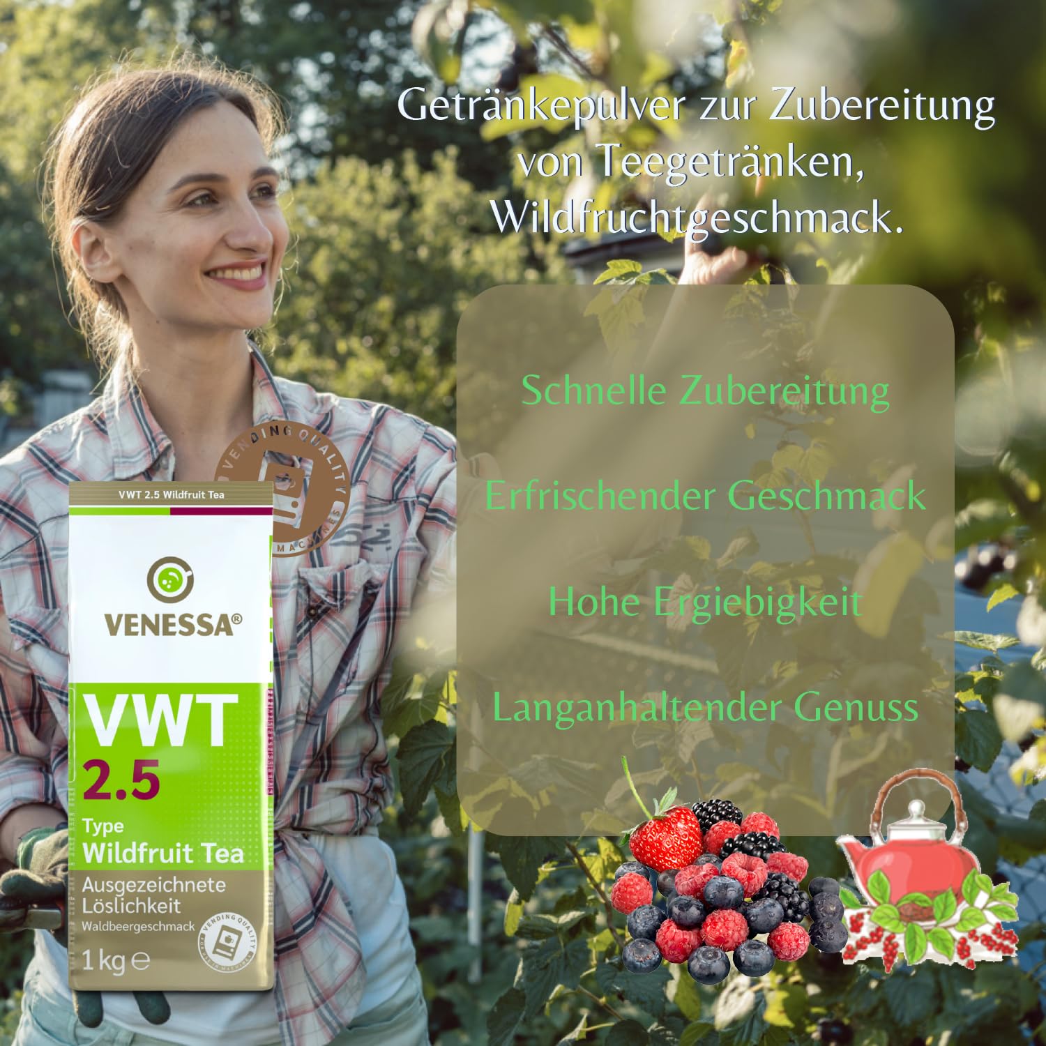 VENESSA VWT 2,5 napój herbaciany z dzikich owoców, 20 x 1 kg, aromatyzowana czarna herbata z kwaśną i słodką nutą dzikich owoców, do automatów