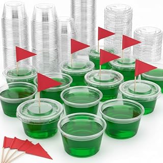 100 Set Golf Party Table Decorations 2 oz Jelly Portion Cups with Lids Red Toothpick Flags Disposable Souffle Cups Decoration for Golf Lovers Party Supplies Dining Centerpiece