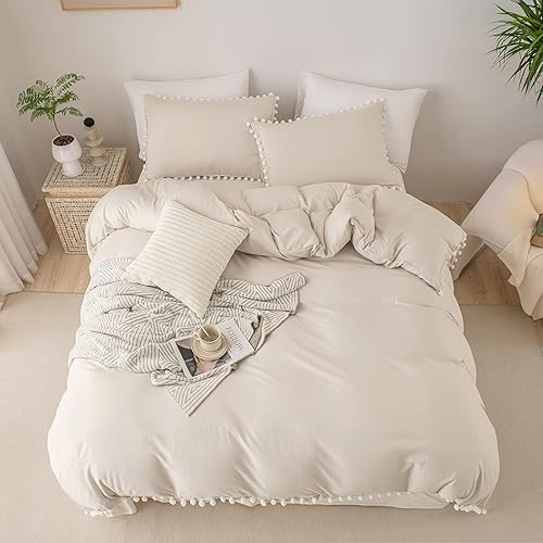 Miniatura 5 de Bedbay Juego de edredón con pompones, color beige, bohemio, juego de ropa de cama para niños y niñas, juego de ropa de cama de microfibra ultra