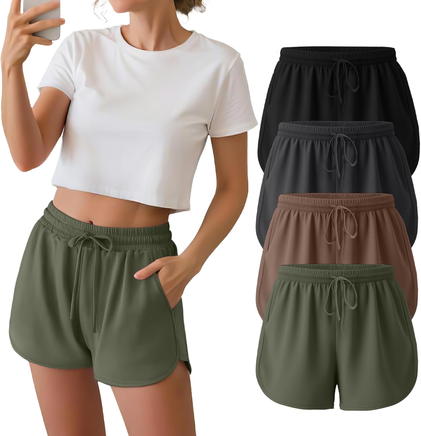 Neer 4 Pack Women’s Sweat Shorts, Cotton Casual Athletic Workout Shorts with Pockets Drawstring Summer Lounge Bottoms