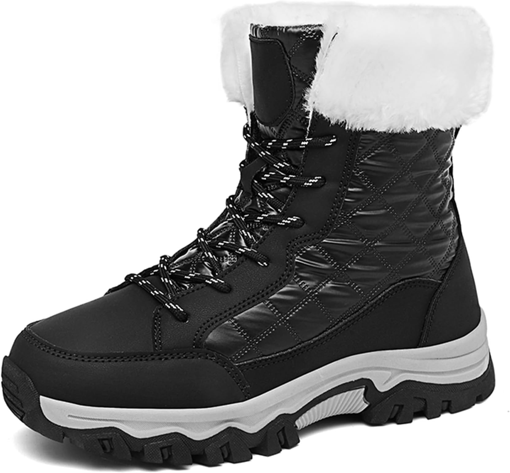Snow Boots Women Mid-Calf Warm Waterproof Anti-Slip Ankle Boots Winter Lace-up Booties Deep Tread Rubber Sole Faux Fur Lined Hiking Outdoor Comfortable