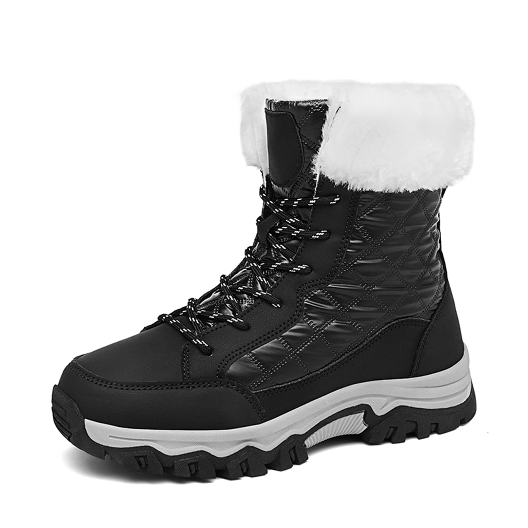 Snow Boots Women Mid-Calf Warm Waterproof Anti-Slip Ankle Boots Winter Lace-up Booties Deep Tread Rubber Sole Faux Fur Lined Hiking Outdoor Comfortable
