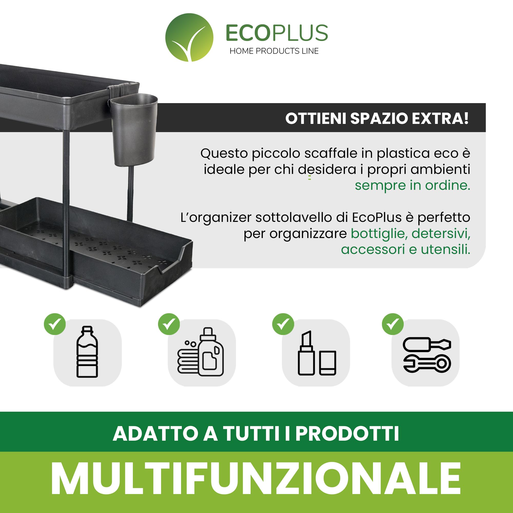 ECOPLUS Organizer Sottolavello Salvaspazio Sottolavabo, Organizzatore Cucina e Bagno, Scaffale Sottolavello Nero (40x22x32 cm) con Portaoggetti, Struttura Resistente, Perfetto per Lavandino e Lavello