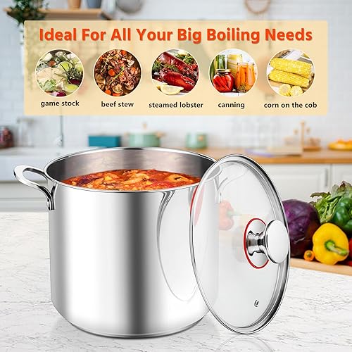 Miniatura 6 de E-far Olla de 12 cuartos de galón, olla de acero inoxidable 1810 con tapa para cocinar, hervir a fuego lento, sopas y estofados, utensilios de