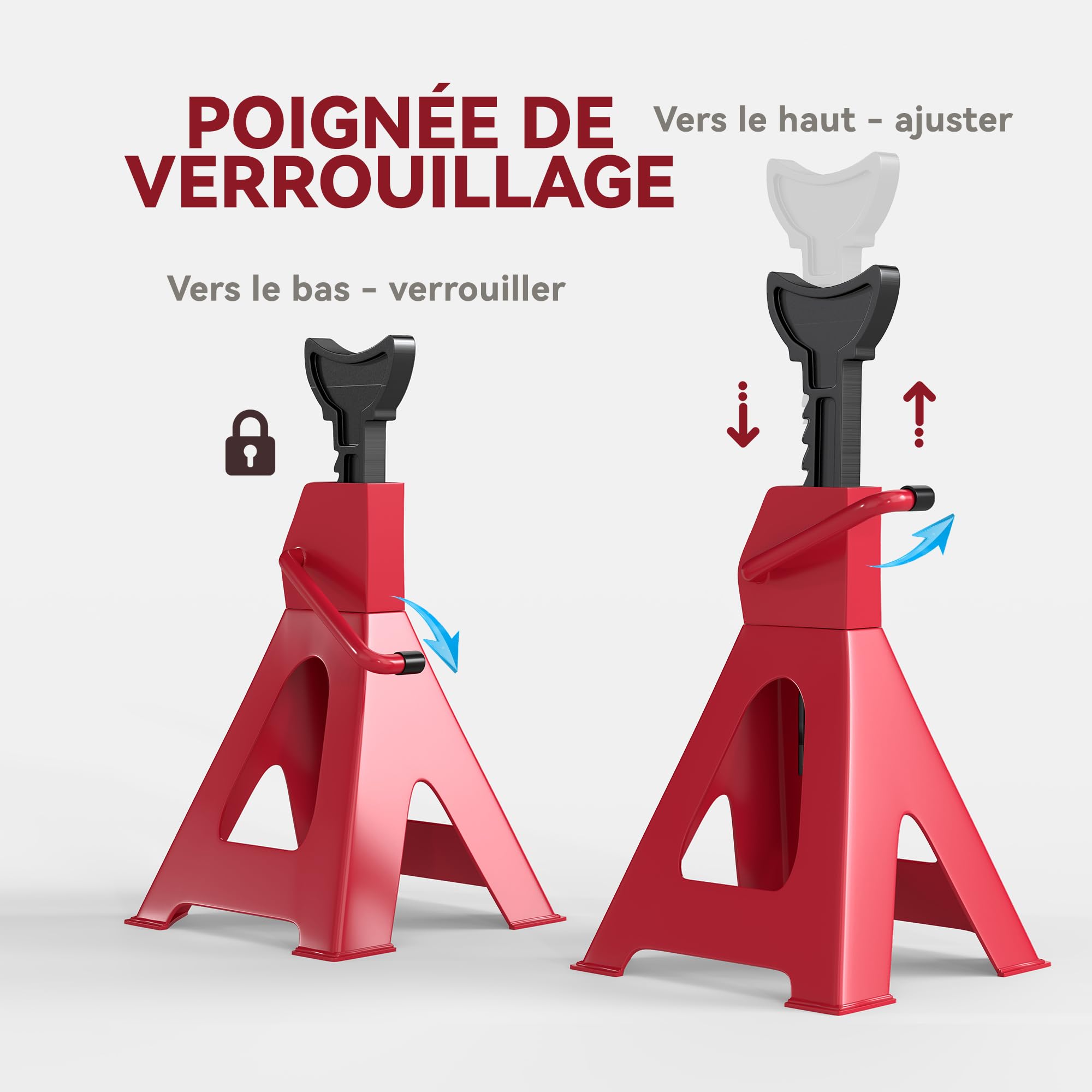HOMCOM Lot de 2 chandelles Voiture chandelles de Levage capacité 3 tonnes, Hauteur réglable de 290 à 425 mm, Grande Base avec goupille de sécurité, pour véhicule, Caravane, Atelier, Garage, Rouge