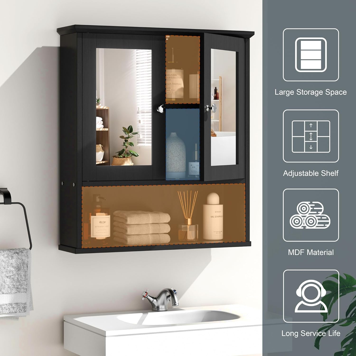 SUNLEI Medicine Cabinet with Mirror, Over The Toilet Storage Cabinet with 2 Mirrored Doors & Open Compartment Bathroom Cabinet Wall Mounted with Mirror Door, Black