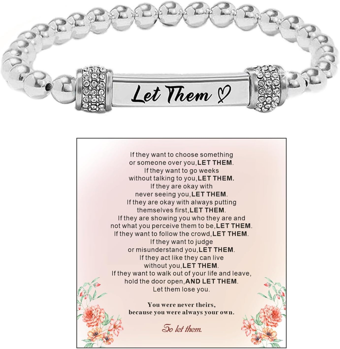Let Them Bracelet For Women Men,Self Worth Motivational Crystal Energy Chain Beaded Stretch Bracelets Inspirational Stainless Steel Engraved Friendship Jewelry Gift