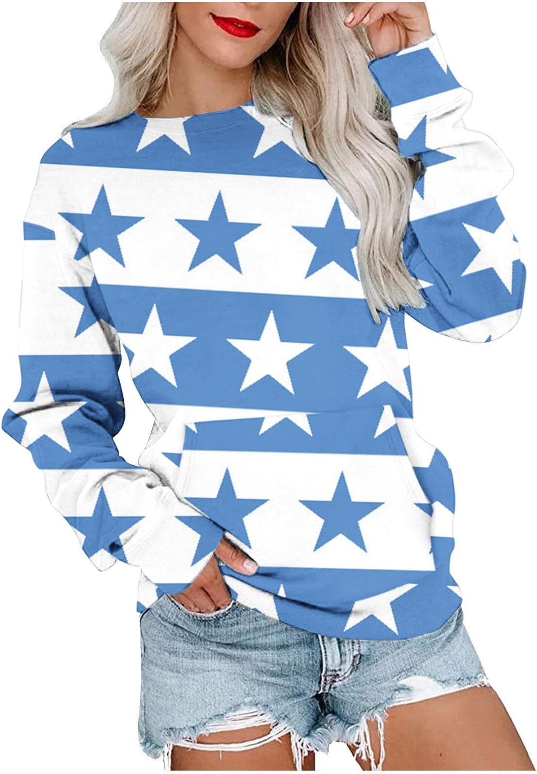 OggfaderWomens Sweatshirts Fall Crewneck Stars Color Block Pullover Long Sleeve Casual Tops Going Out Fall Clothes
