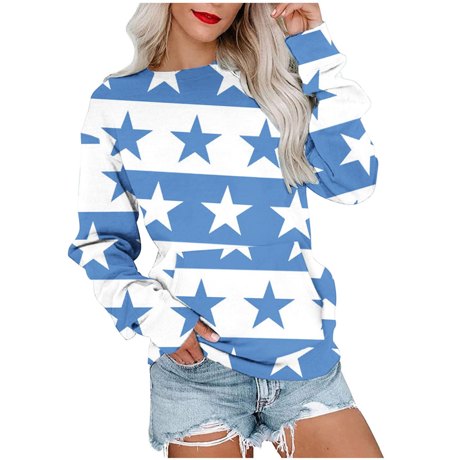 OggfaderWomens Sweatshirts Fall Crewneck Stars Color Block Pullover Long Sleeve Casual Tops Going Out Fall Clothes