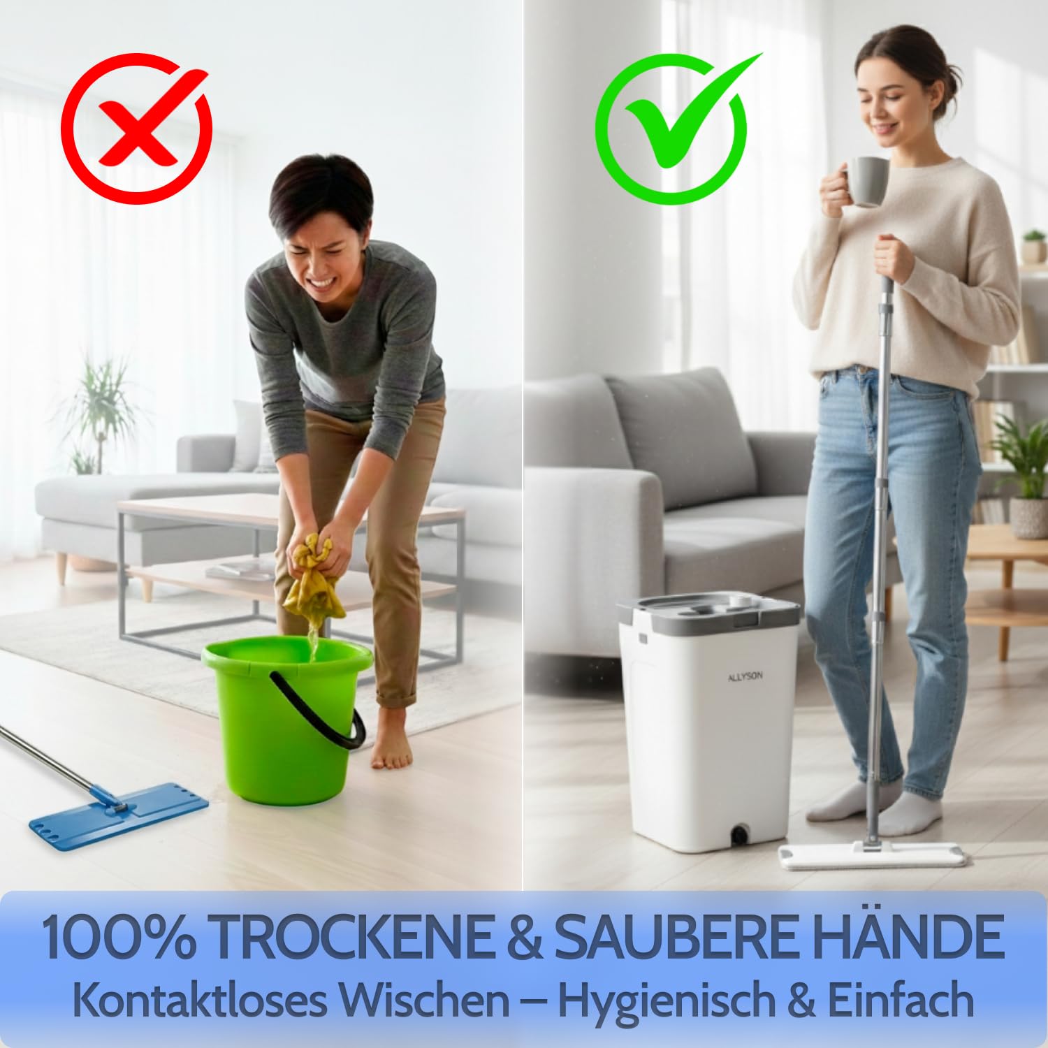 Allyson® Wischmopp Set mit Eimer, Auswringer, Haarentferner, inkl. 15 Mops | 3-Kammer-System für Wischen, Spülen & Trocknen, ohne Bücken & nasse Hände, gummierter Griff, für Fliesen & Laminat