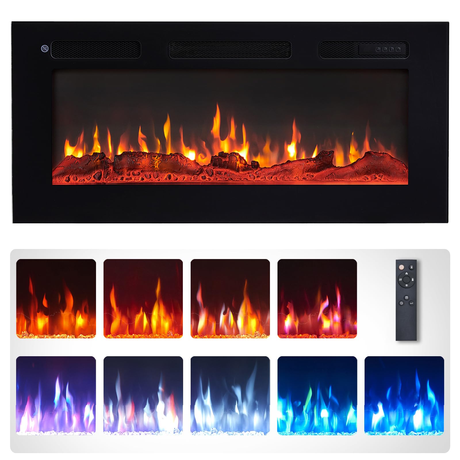 FlameKo Wilton 36"/92cm Electric Fireplace, Wall Mounted, Recessed, 9 Colour Flame Effect, Media Wall Compatible, 900W - 1800W Heater, Remote Control