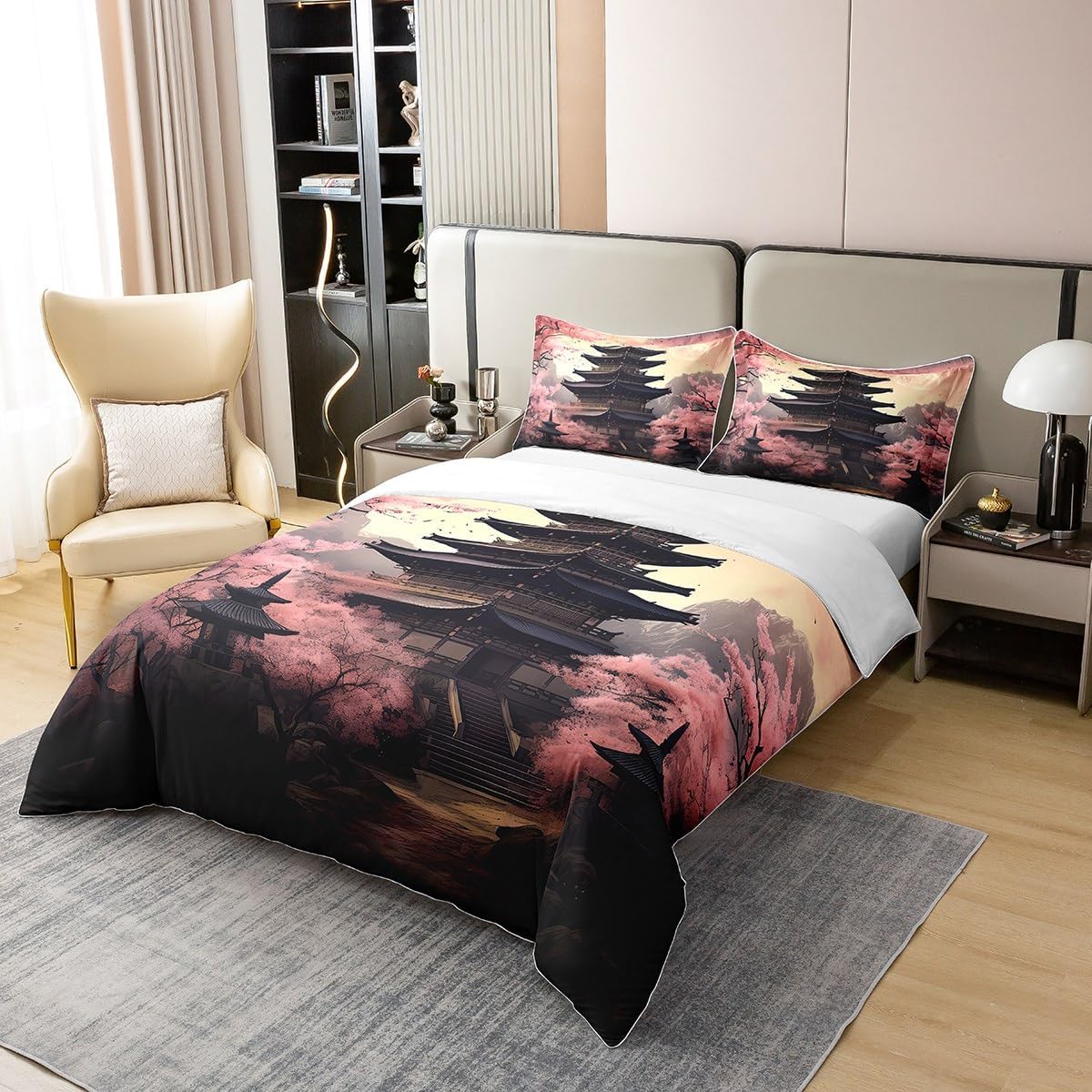 Manfei Vintage Farmhouse Duvet Cover 100% Nature Cotton Queen Size,Retro Watercolor Pink Flowers Rustic Style Comforter Cover (NO Comforter),Traditional Chinese Style All Season Super Soft Bedding