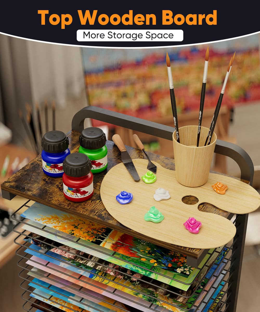 mocomax Estante de secado de arte con tablero superior, soporte móvil de secado de pintura con 25 estantes extraíbles, estante de almacenamiento funcional de lona con ruedas bloqueables para aulas y