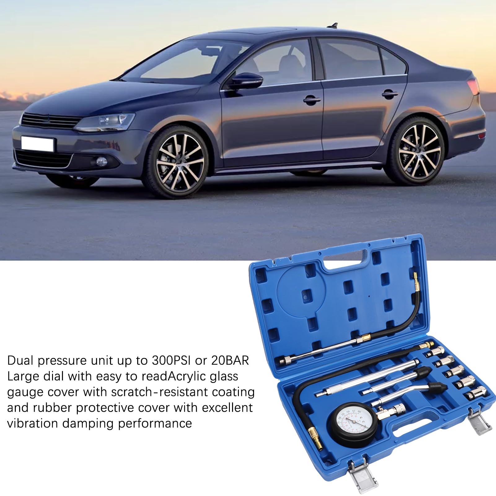 Kit di 17 pezzi per la misurazione della compressione nei cilindri, manometro universale per motori con doppia 0-300 PSI/20 BAR, include adattatori M10 - M18 per automobili