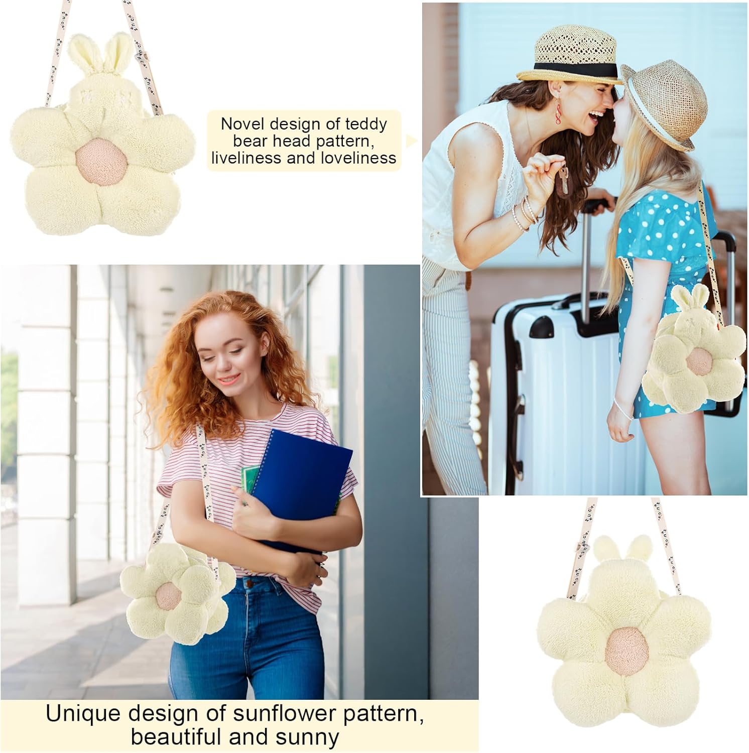 Plush Bunny Flower Crossbody Bag for Girls, Cute Beige Fluffy Shoulder Purse with Adjustable Strap, Soft Coral Velvet Small Handbag Gift for Kids & Women - Image 4