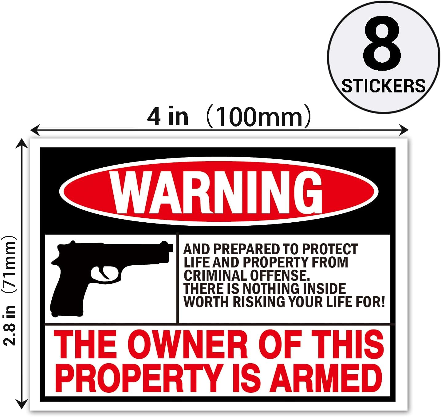 8 Pack Second 2nd Amendment Handgun Pistol Gun Owners Warning Security Sticker Decal,Gun Owner Signs for Home,4 x 3 inch Self Adhesive Vinyl,UV resistant, waterproof.