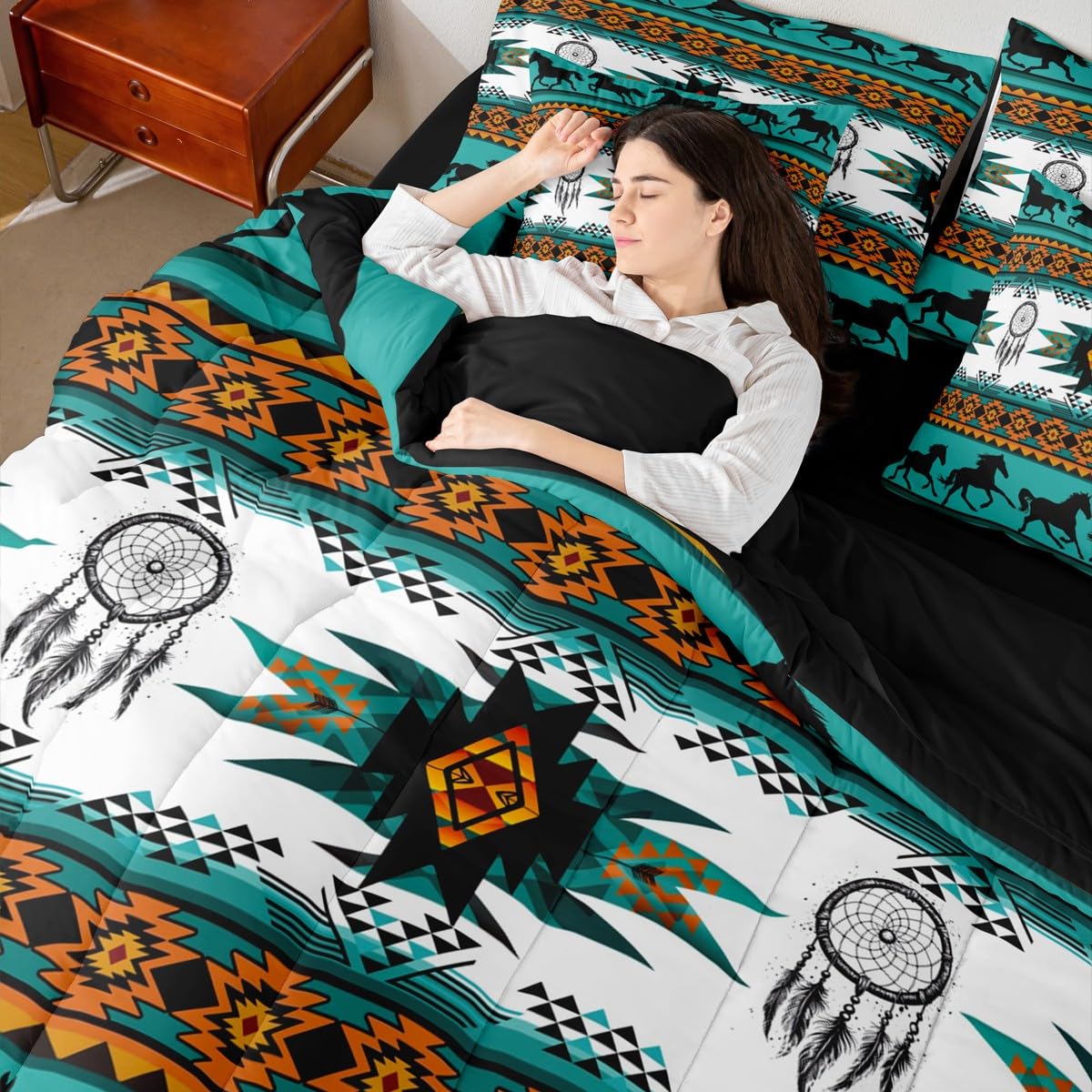 Feelyou Juego de edredón bohemio con sábanas, tamaño matrimonial, ropa de cama azteca nativa del suroeste en una bolsa, juego de ropa de cama de 7 piezas, juego de cama de caballos, decoración de