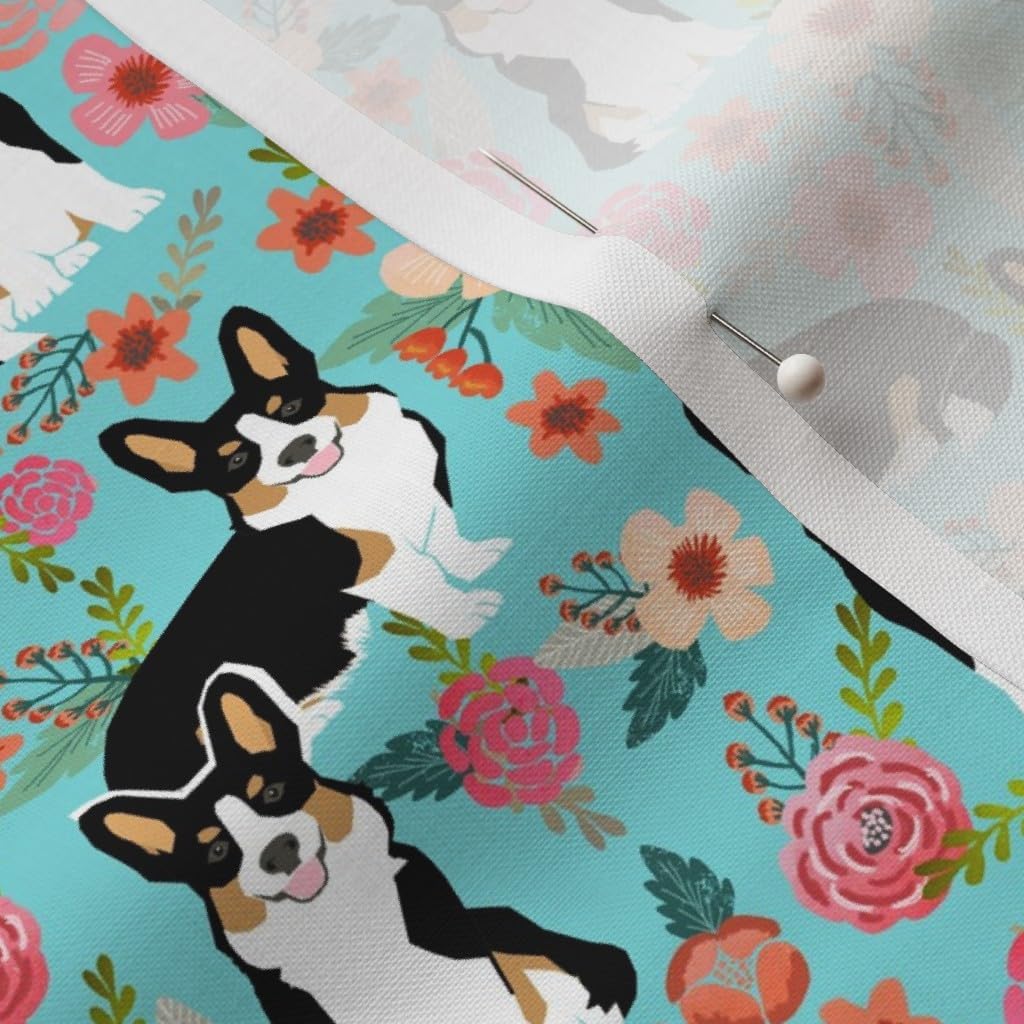 Spoonflower Fabric - Corgi Cute Black Tan Welsh Florals Flowers Painted Floral Lovers Printed on Petal Signature Cotton Fabric by The Yard - Sewing Quilting Apparel Crafts Decor