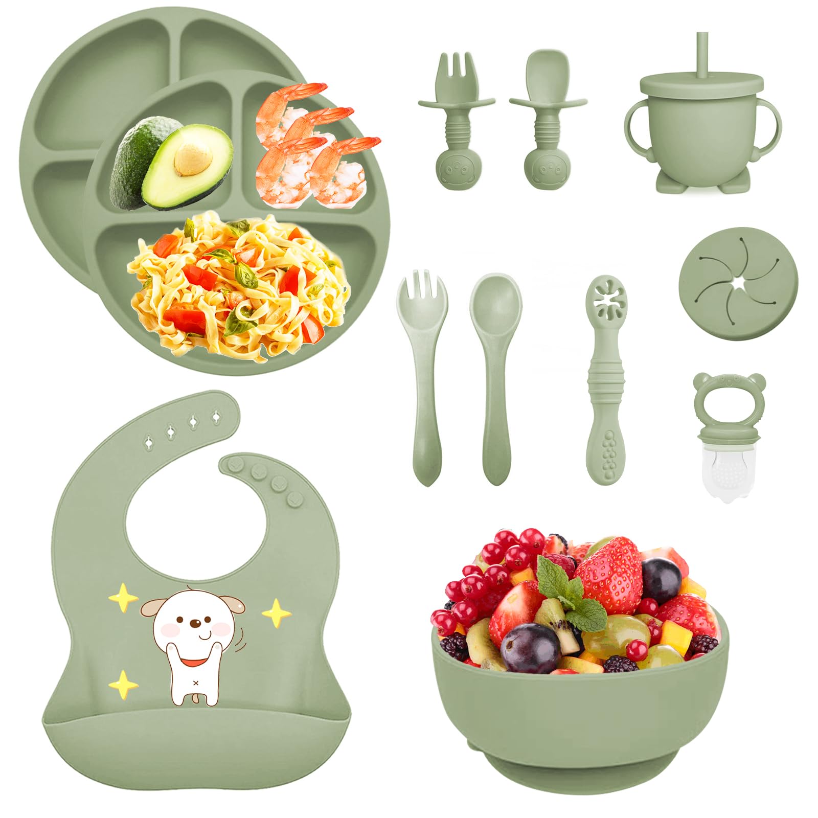 Vajilla Bebe Silicona, 12 Piezas Juegos de Vajilla Bebe Antideslizante con Platos Cuenco Babero Cuchara Bebe Taza, Cubiertos Bebe, Baby Led Weaning, Sin BPA, Cubiertos Infantiles (Verde)