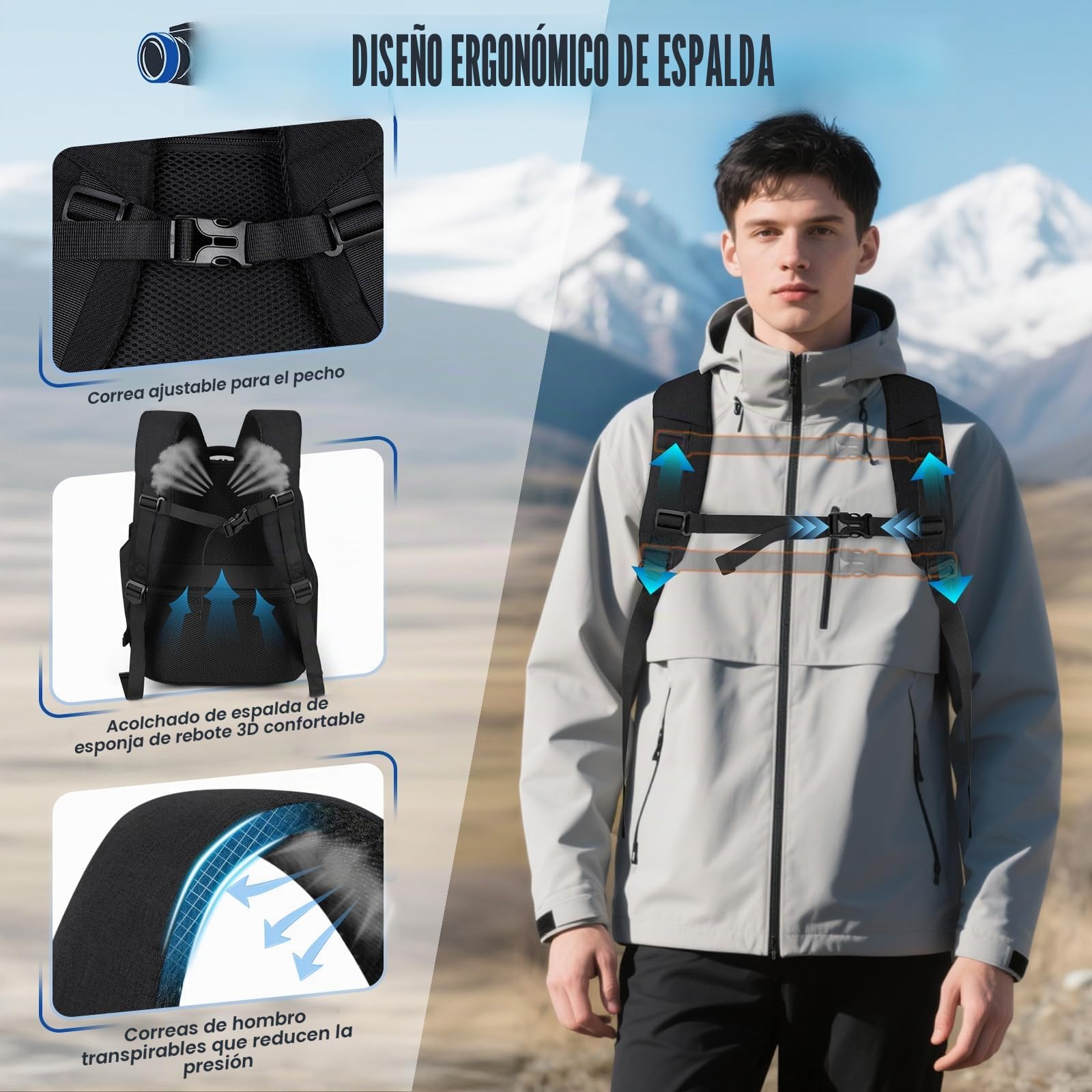 RAINSMORE Mochila para Cámaras de Fotógrafos Mochila Fotografia Profesional para Portátil 14 Pulgadas, Camera Bag con Funda Impermeable para DSLR Canon Nikon Sony Negro