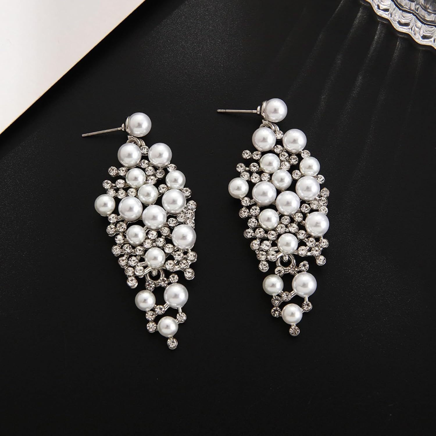 Elegant Silver Chandelier Earrings with White Pearls Dangle Drop Bridal Wedding Prom Evening Formal Statement Luxury Classic Vintage Earrings - Image 4