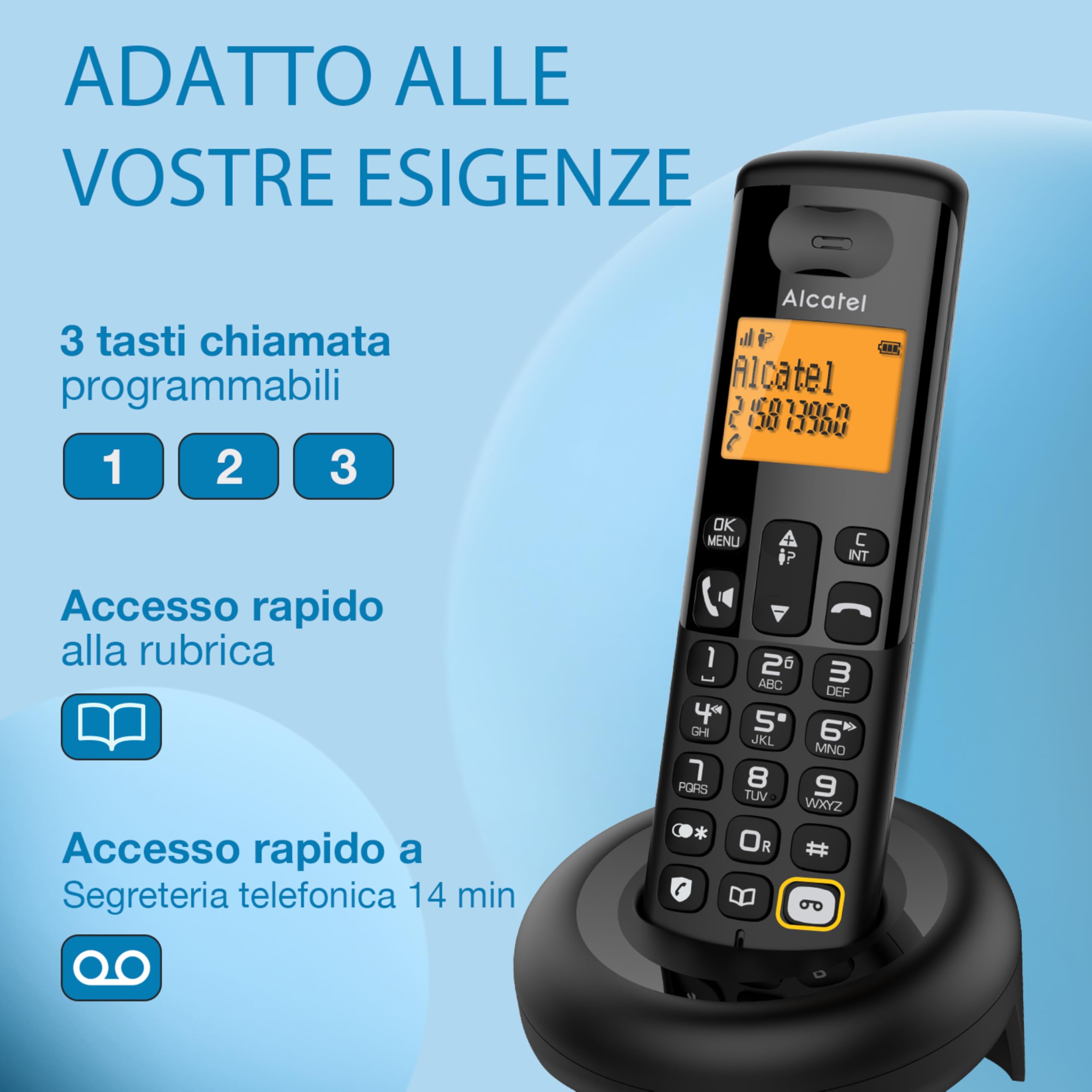 ALCATEL E260 S. Voice Trio - Telefono Fisso Cordless DECT con Segreteria - Design Compatto - Grande Display Retroilluminato - Vivavoce - Funzione Blocco Chiamate Indesiderate - 3 Portatili - Nero