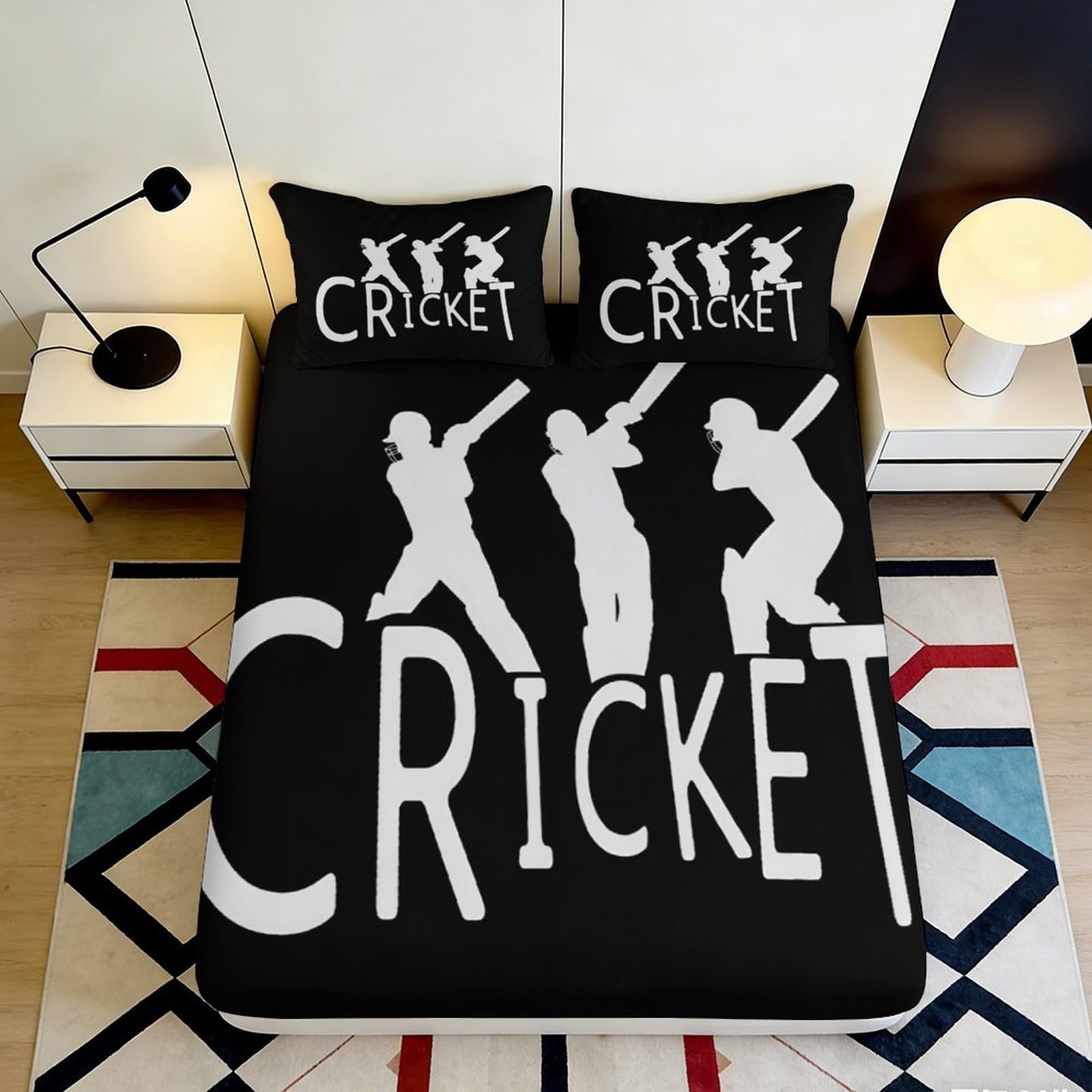 3D Printed Cricket Silhouette Fitted Sheet Microfiber Black White Bed Cover for Bedroom Guest Room Mattress Protection Decor 90x200x25cm