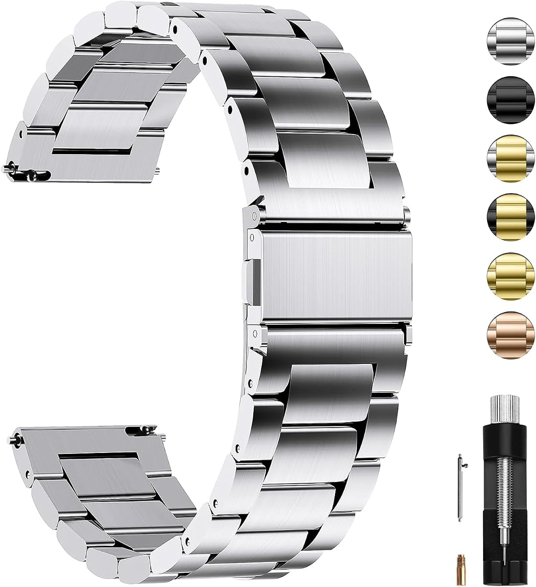 Correa de reloj de metal de liberación rápida Fullmosa de 16 mm | Con barras de resorte y herramienta de extracción de eslabones, correa de repuesto tradicional para reloj inteligente para mujeres, hombres, formal, informal, plateada