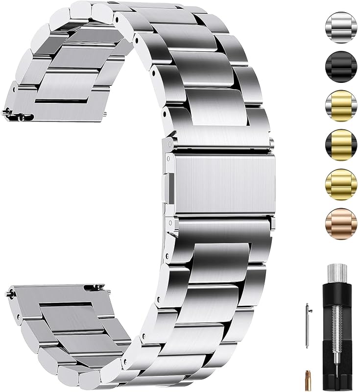 Correa de reloj de metal de liberación rápida Fullmosa de 16 mm | Con barras de resorte y herramienta de extracción de eslabones, correa de repuesto tradicional para reloj inteligente para mujeres, hombres, formal, informal, plateada