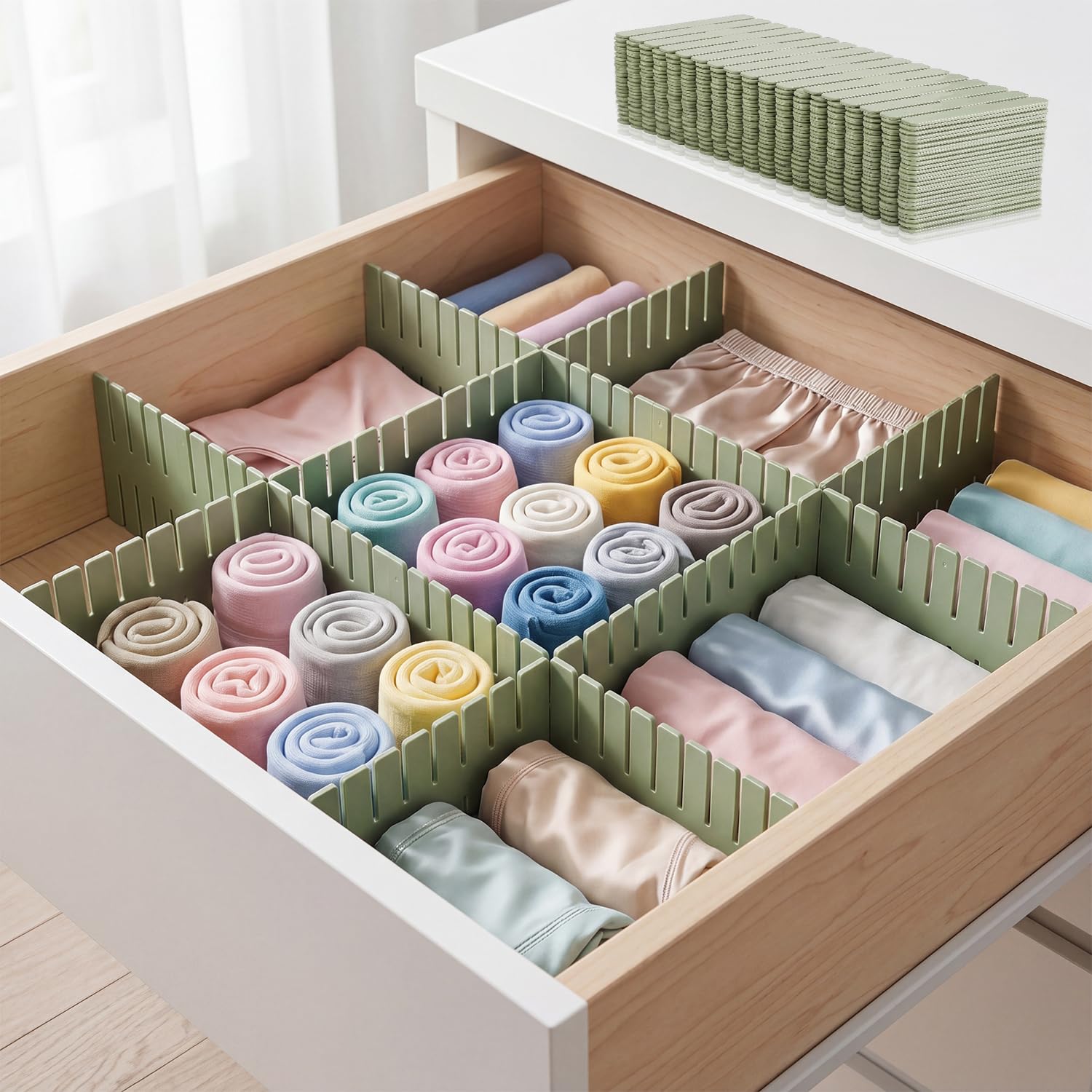 YUJUVI Drawer Dividers Adjustable Drawer Organizer 20 PCS Plastic Drawer Organiser 32 x 7 cm Draw Separators DIY Cut at Will for Socks, Underwear, Makeup, Kitchen, Bedroom, Dresser(green)
