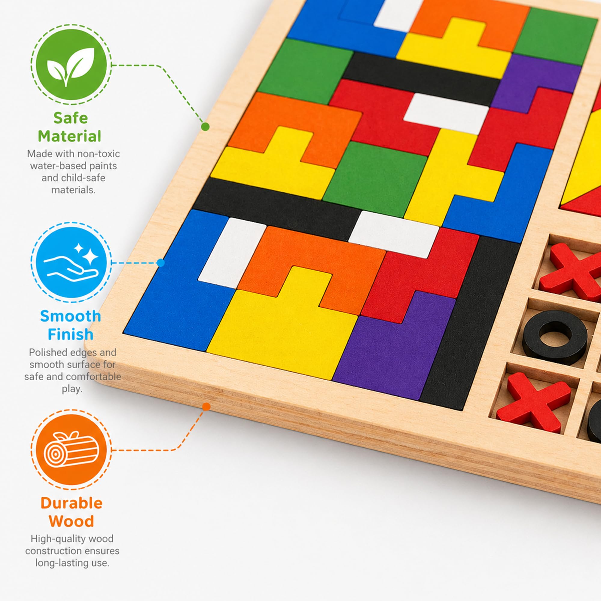 Wudly 3in1 Wooden Puzzle Toy for Kids Tetris Tangram Tic Tac Toe Board Montessori Educational Brain Development Toys for 3–7 Years Logic & IQ Game Birthday Gift for Boys Girls Learning Toy 1
