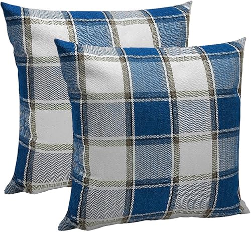Balophily Juego de 2 fundas de almohada de poliéster a cuadros de 18 x 18 pulgadas, fundas de almohada cuadradas para sofá, azul rey y blanco