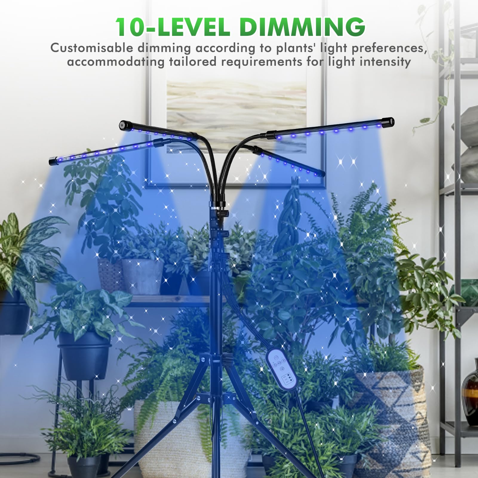 Lampe Horticole LED Avec Support, Lampe Horticole sur Pied à 4 Tubes, Filaire et Télécommandée, 80 LED, 10 Niveaux de Luminosité pour Plantes D'Intérieur (Version Avec Prise USB)