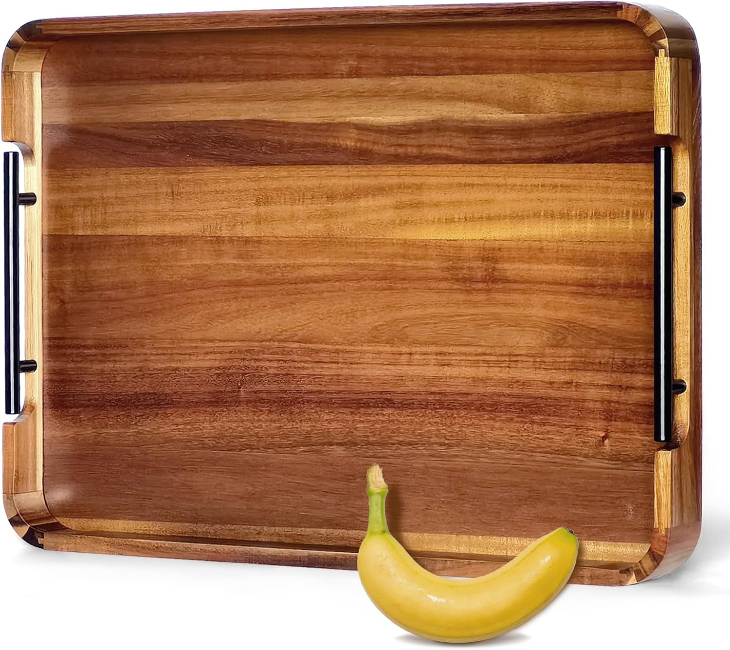 22" x 15.75" Acacia Wood Serving Tray with Metal Handles & Rounded Corners, Large Rectangular Wooden Ottoman Tray for Coffee Table, Living Room, Kitchen, Food Serving