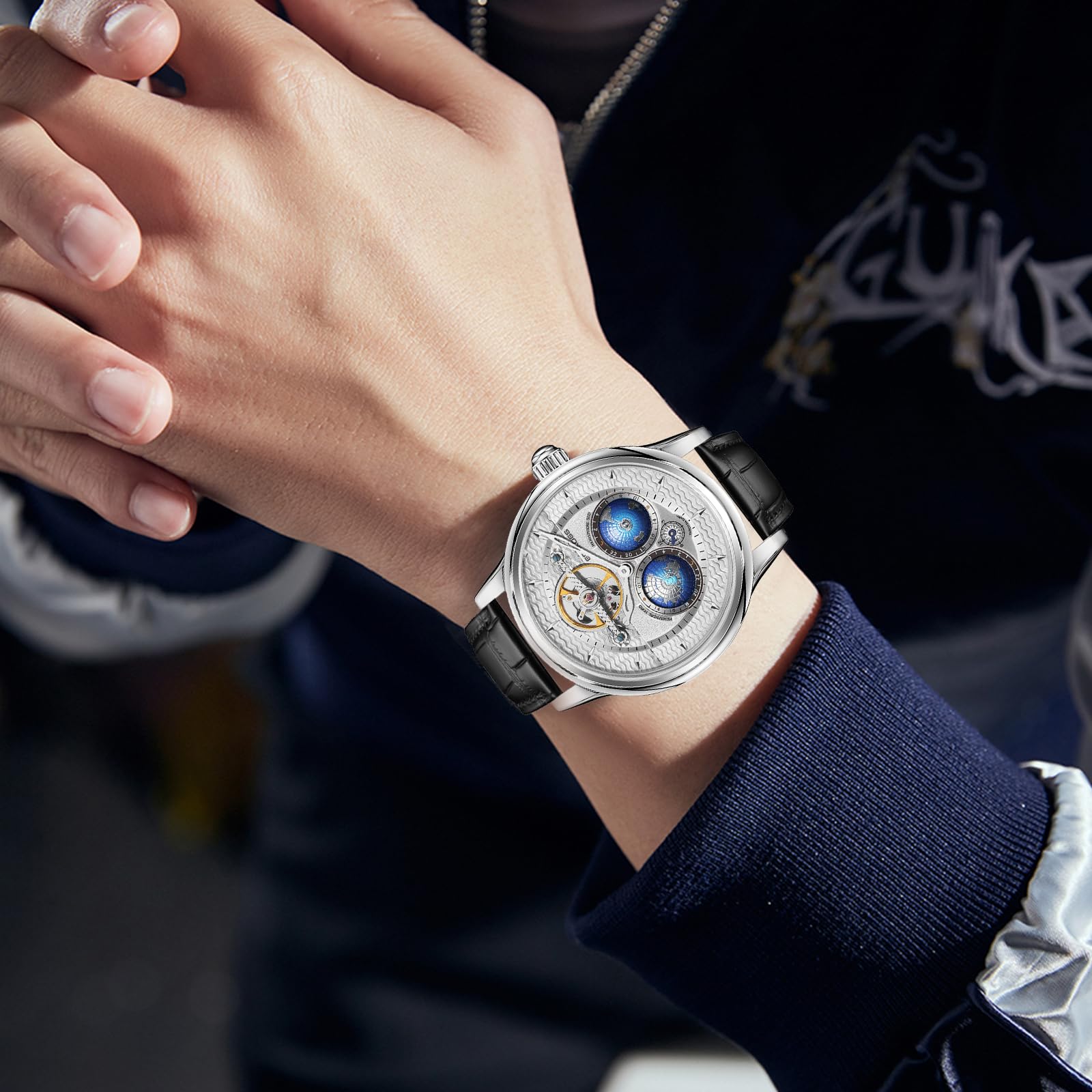 SEAKOSS Luxuriöse automatische mechanische Uhr für Herren, 47 mm Skelett-Armbanduhr mit doppeltem Halbkugel-Zifferblatt, selbstaufziehendes Uhrwerk, echtes Lederband, 5 ATM wasserdicht