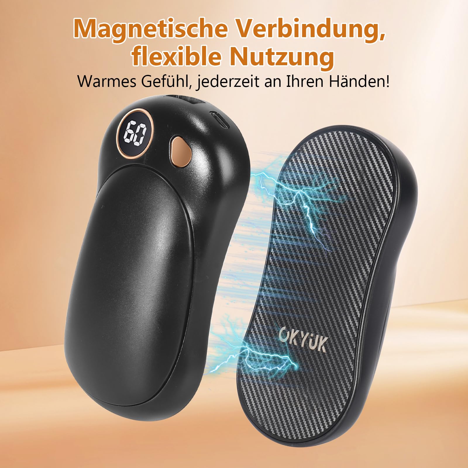 OKYUK Handwärmer 2 Pack, Magnetisches Handwärmer Elektrisch Wiederaufladbar mit 5000 mAh Akkukapazität und 3 Stufen, Kann als Powerbank verwendet Werden, Perfektes für Camping und Geschenke
