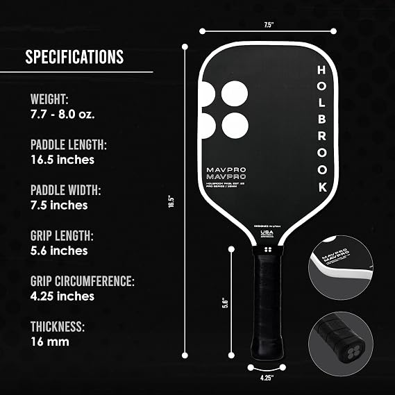 Holbrook Mav Pro 2.0 Pickleball Paddle: T700 3K Carbon Fiber Surface, Power, Control, Spin, Polypropylene Honeycomb Core, USAPA Approved - 16 mm