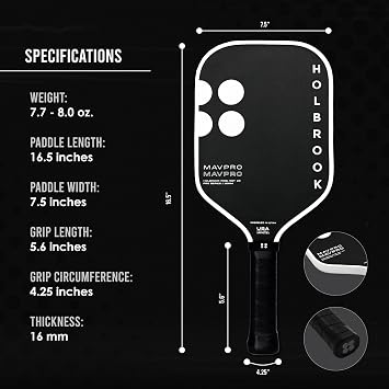 Holbrook Mav Pro 2.0 Pickleball Paddle: T700 3K Carbon Fiber Surface, Power, Control, Spin, Polypropylene Honeycomb Core, USAPA Approved - 16 mm