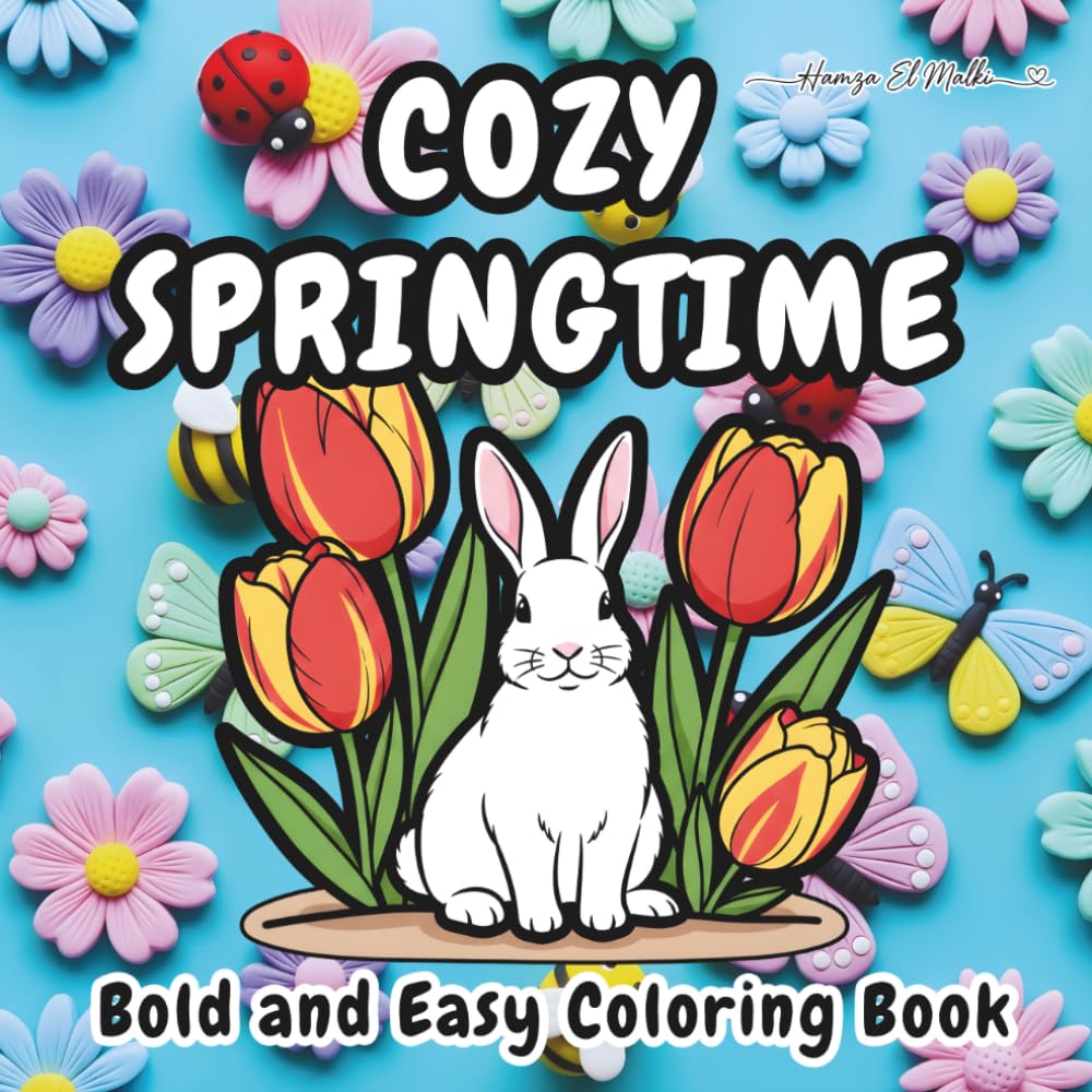 COZY SPRINGTIME Bold and Easy Coloring Book: A Relaxing Collection of Simple Springtime Designs with Large Print Flowers and Cute Creatures for Stress Relief and Joy