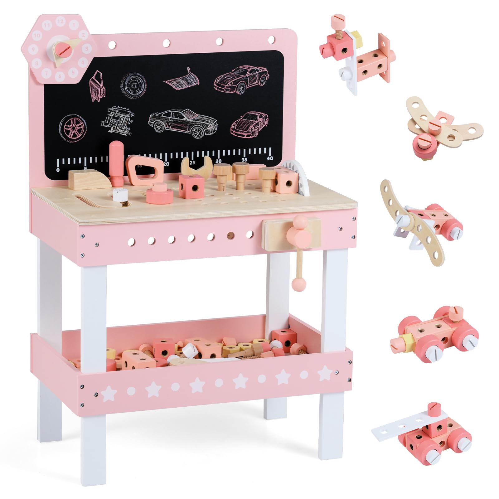 COSTWAY Wooden Kids Workbench, Children's Tool Bench with Play Tools Set, Blackboard, Rotatable Clock & Storage Shelf, Toddlers Construction Pretend Role Play Set for Ages 3 + (Pink)